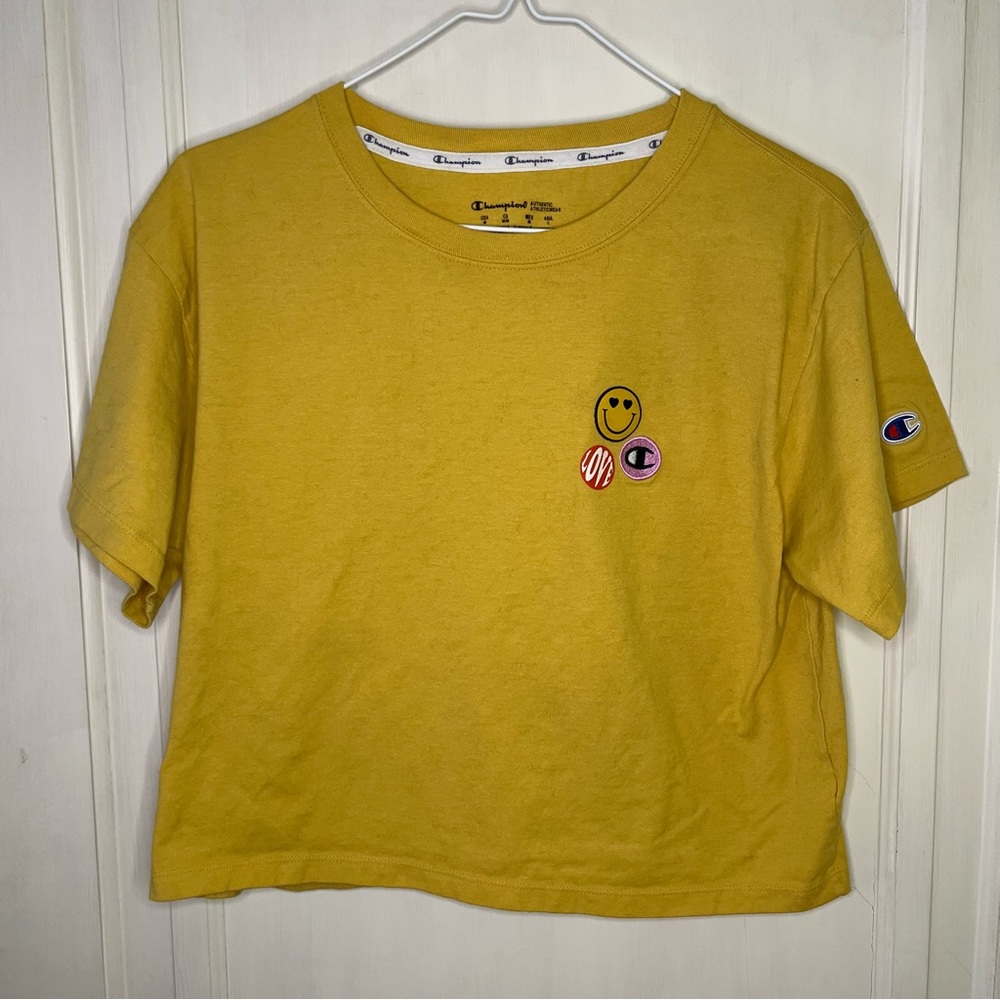 CHAMPION Womens Yellow Cotton Blend Logo Short Sleeve Crew Neck Crop Top M